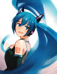 Rule 34 | 1girl, bad id, bad pixiv id, blue eyes, blue hair, detached sleeves, hand on own chest, hatsune miku, headphones, highres, kky, long hair, looking back, matching hair/eyes, necktie, open mouth, solo, twintails, very long hair, vocaloid