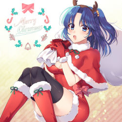 Rule 34 | 1girl, :d, antlers, awayuki ramika, bad id, bad pixiv id, bag, black thighhighs, blue eyes, blue hair, blush, boots, bow, breasts, brown hairband, capelet, cleavage, diagonal stripes, dress, fake antlers, fire emblem, fire emblem: new mystery of the emblem, fur-trimmed boots, fur-trimmed capelet, fur-trimmed dress, fur-trimmed gloves, fur trim, gift bag, gloves, green ribbon, hair intakes, hair ornament, hairband, holding, holding bag, horns, kris (female) (fire emblem), kris (fire emblem), lens flare, long hair, looking at viewer, medium breasts, merry christmas, nintendo, open mouth, pink bow, red capelet, red dress, red footwear, red gloves, reindeer antlers, ribbon, santa boots, santa gloves, short dress, side ponytail, smile, solo, star (symbol), star hair ornament, striped, thighhighs, white background, zettai ryouiki