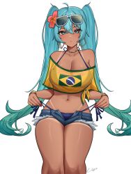 1girl absurdres aqua_eyes aqua_hair bikini bikini_under_clothes borrowed_design brazilian_flag brazilian_flag_print brazilian_miku flag_print hair_ornament hatsune_miku highres jewelry kissyun long_hair shorts solo swimsuit tan tanline twintails very_long_hair vocaloid