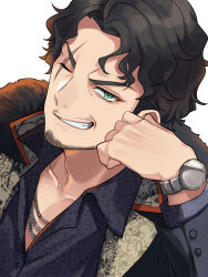 Rule 34 | 1boy, amayado rei, beard, black hair, chain, chain necklace, facial hair, green eyes, grin, hand on own cheek, hand on own face, highres, hypnosis mic, hypnosis mic: rule the stage, jacket, jewelry, kishinaito, looking at viewer, male focus, multiple necklaces, mustache, necklace, one eye closed, parted bangs, pectoral cleavage, pectorals, scar, scar across eye, scar on face, short hair, smile, upper body, v-shaped eyebrows, watch, wavy hair, wristwatch