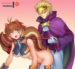 Rule 34 | 1boy, 1girl, animal ears, bdsm, blazblue, blonde hair, breasts, brown hair, cape, clothed sex, collar, doggystyle, hetero, large breasts, leash, makoto nanaya, mystra77, patreon, patreon username, pet play, relius clover, sex, sex from behind, short hair, slave, smile, squirrel ears, squrriel tail, underboob