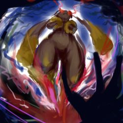 Rule 34 | 1girl, 1other, alpha pokemon, alternate size, artist request, brown fur, colored sclera, creatures (company), curvy, forest, furry, furry female, game freak, gen 4 pokemon, giant, giantess, lopunny, nature, night, night sky, nintendo, pokemon, pokemon (creature), rabbit girl, red eyes, size difference, sky, tall female, thick thighs, thighs, wide hips