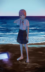 Rule 34 | 1girl, absurdres, barefoot, beach, collared shirt, expressionless, full body, highres, horizon, isshiki (ffmania7), kaf (kamitsubaki studio), kamitsubaki studio, long hair, looking at viewer, monitor, multicolored eyes, neck ribbon, ocean, outdoors, pink hair, red ribbon, ribbon, sand, school uniform, shirt, short sleeves, side ponytail, signature, sketch, skirt, sky, solo, symbol-only commentary, virtual youtuber, water, white shirt, wiping mouth, yellow pupils
