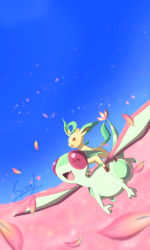 Rule 34 | absurdres, blue sky, blush, commentary request, creatures (company), day, closed eyes, fangs, field, flower, flower field, flygon, game freak, gen 3 pokemon, gen 4 pokemon, happy, highres, leafeon, looking up, nintendo, no humans, open mouth, outdoors, petals, pokemon, pokemon (creature), riding, riding pokemon, sissel0104, sky, tongue