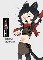 Rule 34 | 1girl, animal ears, arm guards, arm up, armor, black hair, body fur, brown skirt, cat ears, cat girl, cat tail, chibi, closed eyes, cowboy shot, crop top, dungeon meshi, fang, grey background, highres, izutsumi, jjjjtaaaku, korean commentary, korean text, leather armor, midriff, navel, open mouth, red skirt, reference inset, short hair, side slit, simple background, skirt, sleeveless, solo, squeans, stretching, tail, yawning
