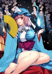 Rule 34 | 1girl, barefoot, blue headwear, blue kimono, breasts, cherry blossoms, folding fan, hair between eyes, hand fan, holding, holding fan, japanese clothes, kapuchii, kimono, large breasts, long sleeves, obi, open mouth, pink eyes, pink hair, saigyouji yuyuko, sash, short hair, smile, solo, touhou, triangular headpiece, unfinished, wide sleeves