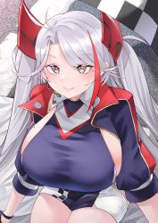 Rule 34 | 1girl, absurdres, azur lane, black skirt, breasts, checkered flag, cropped shirt, earpiece, flag, from above, grey hair, headgear, highres, huge breasts, jacket, lips, long hair, looking at viewer, looking up, miniskirt, multicolored hair, official alternate costume, prinz eugen (azur lane), prinz eugen (final lap) (azur lane), purple jacket, race queen, red hair, sideboob, sitting, skirt, solo, streaked hair, take yaki, two-tone hair, two-tone skirt, very long hair, white skirt, yellow eyes