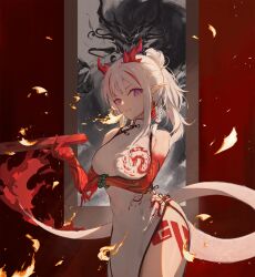 Rule 34 | 1girl, absurdres, arknights, bare shoulders, bead bracelet, beads, bracelet, braid, breath weapon, breathing fire, china dress, chinese clothes, colored extremities, commentary, commentary request, cowboy shot, dragon girl, dragon horns, dragon print, dragon tail, dress, earrings, english commentary, fire, gradient skin, gu0st, highres, holding, horns, jewelry, leg tattoo, long hair, looking at viewer, mixed-language commentary, multicolored hair, nian (arknights), nian (unfettered freedom) (arknights), official alternate costume, parted lips, pointy ears, ponytail, purple eyes, red hair, sleeveless, sleeveless dress, solo, streaked hair, tail, tattoo, white dress, white hair