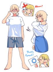 Rule 34 | 2girls, ^ ^, barefoot, blonde hair, blue skirt, blush, braid, chibi, closed eyes, commentary request, contemporary, dohwa110, dungeon meshi, elf, english text, falin touden, green eyes, highres, holding, holding sign, korean commentary, light brown hair, marcille donato, medium hair, multiple girls, pencil skirt, pointy ears, ponytail, scratching cheek, shirt, shorts, sign, skirt, smile, square mouth, sweatdrop, white shirt, x