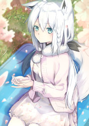 Rule 34 | 1girl, animal ears, blurry, cardigan, depth of field, dress, flower, fox ears, fox tail, hair ribbon, highres, hololive, long hair, long sleeves, looking at viewer, open cardigan, open clothes, petals, ribbon, shirakami fubuki, sitting, smile, tail, virtual youtuber, wayuzz99, white hair