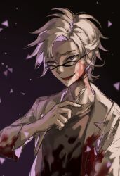 Rule 34 | 1boy, absurdres, blood, blood on clothes, blood on face, blood on neck, chinese commentary, commentary request, enesiat, grey shirt, highres, holding, holding scalpel, kanou aogu, lab coat, long sleeves, male focus, open clothes, open mouth, pale skin, saibou shinkyoku, scalpel, shirt, sketch, smile, solo, upper body, white hair