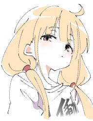 Rule 34 | 1girl, ahoge, blonde hair, brown eyes, closed mouth, clothes writing, futaba anzu, idolmaster, idolmaster cinderella girls, ixy, long hair, looking at viewer, low twintails, portrait, simple background, solo, twintails, white background