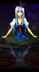 Rule 34 | 1girl, blue dress, different reflection, dress, dual persona, ex-keine, green dress, grin, highres, horns, kamishirasawa keine, long hair, red eyes, reflection, smile, solo, submerged, tmc
