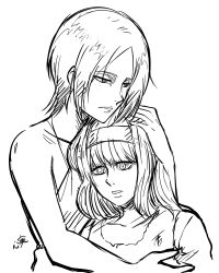 Rule 34 | 2girls, backless dress, backless outfit, comforting, crying, dress, freckles, greyscale, hairband, height difference, hug, kokomi (aniesuakkaman), long hair, monochrome, multiple girls, name connection, shingeki no kyojin, short hair, torn clothes, white background, ymir (shingeki no kyojin), ymir fritz