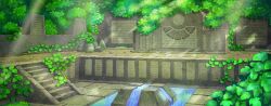 Rule 34 | artist request, bush, creatures (company), day, engraved, game cg, game freak, ivy, light rays, nintendo, no humans, official art, outdoors, pokemon, pokemon mystery dungeon, pokemon mystery dungeon: rescue team dx, ruins, runes, scenery, stairs, sunlight, third-party source, water, wide shot