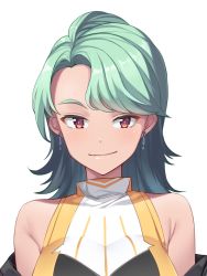 Rule 34 | 1girl, bare shoulders, commentary, earrings, green hair, jewelry, light smile, long hair, looking at viewer, original, red eyes, saiste, simple background, sleeveless, sleeveless turtleneck, smile, solo, turtleneck, white background