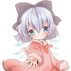 1girl alternate_costume blue_eyes blue_hair blush bow chibi cirno cocoa_(artist) female_focus hair_bow ice ice_wings looking_at_viewer matching_hair/eyes shii_(cocoa) smile solo touhou white_background wings