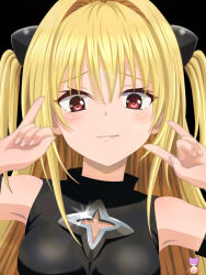 Rule 34 | 1girl, \m/, absurdres, artist name, bare shoulders, black background, blonde hair, blurry, blush, close-up, closed mouth, commentary request, depth of field, eyelashes, eyes visible through hair, glint, hair between eyes, hair intakes, hands up, highres, konjiki no yami, lips, long hair, looking at viewer, red eyes, shukusei!! loli-gami requiem, simple background, smile, smirk, solo, to love-ru, tsurime, two side up, user sjah7745