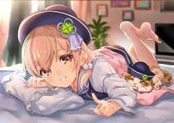 Rule 34 | 1girl, amai hiyo, amai hiyo channel, barefoot, bed, blurry, blurry background, blush, brown eyes, brown hair, cat, clover hair ornament, ekakibito, feet, four-leaf clover hair ornament, hair ornament, hat, highres, legs up, looking at viewer, lying, official art, on stomach, picture frame, pillow, short hair, solo, television, toes, virtual youtuber