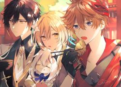 Rule 34 | 2boys, 2girls, blonde hair, blush, brown hair, cacao (chocotto), chopsticks, closed eyes, closed mouth, food, food on face, genshin impact, gradient hair, hair ornament, highres, holding, holding chopsticks, lumine (genshin impact), multicolored hair, multiple boys, multiple girls, open mouth, paimon (genshin impact), star (symbol), star hair ornament, tartaglia (genshin impact), yellow eyes, zhongli (genshin impact)
