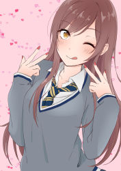 Rule 34 | 1girl, ;q, bad id, bad pixiv id, blush, brown hair, closed mouth, collared shirt, double w, fingernails, grey sweater, heart, heart background, highres, idolmaster, idolmaster shiny colors, long fingernails, long hair, long sleeves, looking at viewer, nail polish, necktie, one eye closed, osaki amana, pink background, red nails, school uniform, shirt, sleeves past wrists, smile, solo, straight hair, striped necktie, striped neckwear, sweater, swept bangs, tareme, teti, tongue, tongue out, upper body, very long hair, w, white shirt, wing collar, yellow eyes