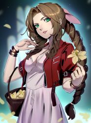 Rule 34 | 1girl, aerith gainsborough, basket, bow, braid, braided ponytail, brown hair, church, cropped jacket, datcravat, dress, drill hair, final fantasy, final fantasy vii, final fantasy vii remake, flower, green eyes, highres, holding, holding flower, jacket, lily (flower), long dress, long hair, parted lips, pink bow, pink dress, red jacket, side drill, solo, square enix, tri drills, yellow flower