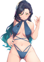 Rule 34 | 1girl, absurdres, bare arms, black hair, blue one-piece swimsuit, breasts, girls&#039; frontline, green eyes, highres, large breasts, long hair, looking at viewer, messy hair, navel, one-piece swimsuit, python (girls&#039; frontline), ren huozhe, simple background, smile, solo, swimsuit, teeth, white background