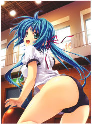 Rule 34 | 1girl, :d, absurdres, ass, ball, basketball, basketball (object), blue hair, blush, border, buruma, fang, green eyes, gym uniform, hair ribbon, highres, long hair, miyama-zero, open mouth, original, out arm, outstretched arm, ribbon, scan, smile, solo, twintails