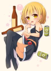 Rule 34 | 1girl, absurdres, alcohol, bare arms, bare shoulders, black skirt, black tank top, black thighhighs, blonde hair, blush, body blush, bottle, breasts, brooch, bubble background, can, drunk, eyelashes, eyes visible through hair, fetal position, finger to mouth, floral background, from side, full body, highres, inon, jewelry, legs together, looking at viewer, lunasa prismriver, lying, medium breasts, microskirt, midriff peek, no shoes, on side, open mouth, pink background, plantar flexion, pleated skirt, shadow, short hair, side slit, skirt, skirt hold, solo, strap slip, tank top, teeth, thighhighs, tongue, touhou, upper teeth only, yellow eyes, zettai ryouiki
