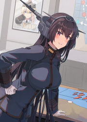 Rule 34 | 1girl, alternate costume, artist name, black hair, black necktie, blue jacket, blue pants, breasts, buttons, collared shirt, commentary request, dated, double-breasted, gloves, headgear, highres, himeyamato, i want you, jacket, kantai collection, large breasts, long hair, long sleeves, map, military uniform, nagato (kancolle), naval uniform, necktie, pants, red eyes, shirt, short hair, sitting, solo focus, standing, uniform, very long hair, warspite (kancolle), white gloves, white shirt