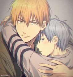 Rule 34 | 2boys, arms around neck, blonde hair, blue eyes, blue hair, blurry, blush, casual, closed mouth, commentary request, couple, depth of field, earrings, green jacket, grey background, grey shirt, hair between eyes, hug, jacket, jewelry, kise ryouta, kuroko no basuke, kuroko tetsuya, long sleeves, looking at viewer, looking back, male focus, mashima shima, multiple boys, open mouth, shirt, short hair, simple background, single earring, twitter username, upper body, yaoi, yellow eyes
