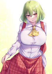Rule 34 | 1girl, absurdres, ascot, breasts, collared shirt, commentary, green background, green hair, hair between eyes, highres, kazami yuuka, large breasts, long sleeves, looking to the side, mirufui, open mouth, plaid, plaid skirt, plaid vest, red eyes, red skirt, red vest, shirt, short hair, skirt, skirt hold, solo, touhou, upper body, vest, white shirt, yellow ascot