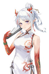 Rule 34 | 1girl, absurdres, arknights, bare shoulders, bead bracelet, beads, bracelet, braid, breasts, china dress, chinese clothes, chiyikoupangsanjin, dress, folding fan, hand fan, hand up, highres, holding, holding fan, horns, jewelry, looking at viewer, medium breasts, medium hair, multicolored hair, nian (arknights), nian (unfettered freedom) (arknights), official alternate costume, purple eyes, red hair, sidelocks, simple background, single braid, solo, streaked hair, upper body, white background, white dress, white hair