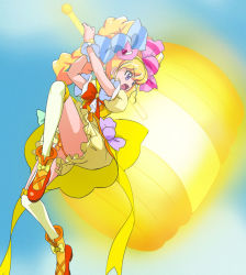 Rule 34 | 1girl, asahina mirai, blonde hair, cure miracle, cure miracle (topaz style), hammer, haruyama kazunori, hat, long hair, magical girl, mahou girls precure!, mini hat, mini witch hat, open mouth, precure, purple eyes, solo, topaz style, witch hat