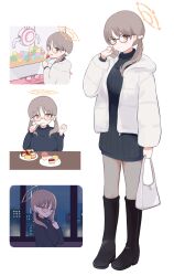 Rule 34 | 1girl, black footwear, black sweater, blue archive, boots, brown eyes, brown hair, cake, cake slice, candy, food, glasses, halo, highres, holding, holding candy, holding food, jacket, long hair, long sleeves, low twintails, moe (blue archive), multiple views, onigiri noe, open clothes, open jacket, pantyhose, ribbed sweater, sweater, twintails, white jacket, yellow halo