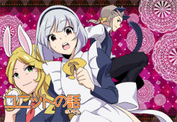 Rule 34 | animal ears, apron, blonde hair, bow, brown hair, rabbit ears, cardfight!! vanguard, cat ears, cat tail, cosplay, green eyes, hair bow, hairband, knight of harp tristan, knight of rose morgana, knight of truth gordon, looking at viewer, maid, maid apron, necktie, pants, red eyes, royal paladin, short hair, tail, watch, white hair