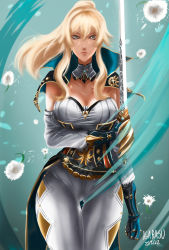 Rule 34 | 1girl, anamnesisarts, arm under breasts, bare shoulders, blonde hair, blue capelet, blue eyes, bow, breasts, capelet, cleavage, clenched hand, cross, cross earrings, dandelion, earrings, flower, gauntlets, genshin impact, hair between eyes, high ponytail, highres, holding, holding sword, holding weapon, jean (genshin impact), jewelry, large breasts, looking at viewer, multicolored capelet, pants, ponytail, sidelocks, standing, sword, thigh gap, tight clothes, tight pants, weapon, white pants