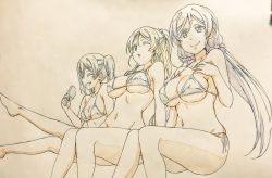 Rule 34 | 10s, 3girls, ayase eli, bikini, black hair, blonde hair, breasts, cleavage, closed eyes, color trace, food, graphite (medium), green eyes, grin, hand on own chest, kotokoto (jumon), large breasts, long hair, love live!, love live! school idol project, multiple girls, navel, one eye closed, open mouth, ponytail, popsicle, purple hair, side-tie bikini bottom, sitting, small breasts, smile, swimsuit, tojo nozomi, traditional media, twintails, underboob, very long hair, wink, yazawa nico