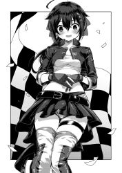Rule 34 | 1girl, ahoge, akigumo (kancolle), akigumo (kancolle) (cosplay), alternate hairstyle, boots, checkered flag, cosplay, cropped jacket, feet out of frame, flag, gloves, gouta (nagishiro6624), greyscale, hair flaps, hair ornament, hair ribbon, highres, kantai collection, looking at viewer, midriff, miniskirt, monochrome, partially fingerless gloves, pleated skirt, race queen, ribbon, shigure (kancolle), shigure kai ni (kancolle), shorts, shorts under skirt, skirt, solo, thigh boots, thighhighs