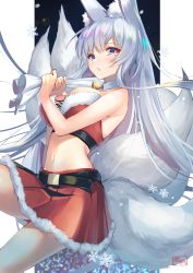 Rule 34 | 1girl, animal ear fluff, animal ears, armpit crease, azur lane, bare arms, bare shoulders, bell, belt, breasts, christmas, cleavage, crop top, detached collar, fox ears, fox girl, fox tail, fur trim, highres, holding, holding sack, kitsune, large breasts, long hair, looking at viewer, midriff, miniskirt, mole, mole under eye, multiple tails, navel, parted lips, pleated skirt, purple eyes, red shirt, red skirt, sack, santa costume, shimotsuki shio, shinano (azur lane), shirt, silver hair, skirt, sleeveless, sleeveless shirt, solo, stomach, strapless, tail, thighs