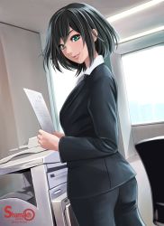 Rule 34 | 10s, 1girl, 2015, artist name, artist request, ass, black hair, chair, dated, formal, from behind, green eyes, highres, holding, holding paper, indoors, jacket, lips, lipstick, long sleeves, looking at viewer, looking back, makeup, office, office lady, original, pant suit, pants, paper, parted lips, photocopier, shamakho, short hair, smile, solo, suit, suit jacket