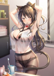 Rule 34 | 1girl, animal ears, arknights, armpits, bad id, bad pixiv id, bathroom, black bra, black panties, black pantyhose, blouse, blurry, blurry background, bra, breasts, brown eyes, brown hair, brown pantyhose, cat ears, cat girl, cat tail, cleavage, collarbone, cowboy shot, ear piercing, groin, hair between eyes, hair tie in mouth, highres, holding, holding own hair, indoors, lace, lace-trimmed panties, lace trim, long hair, looking at viewer, meion, mouth hold, panties, panties under pantyhose, pantyhose, piercing, revision, see-through, shirt, sidelocks, skindentation, skyfire (arknights), sleeveless, sleeveless shirt, smile, solo, tail, toothbrush, tying hair, underwear, wavy hair