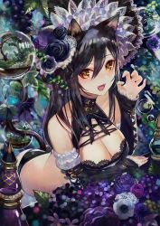 Rule 34 | 1girl, :d, animal ears, arched back, arm warmers, black hair, blush, breasts, brown eyes, cat ears, cat girl, cat tail, cleavage, fang, flower, hair between eyes, hair ornament, hand up, headdress, highres, hydrangea, large breasts, long hair, looking at viewer, open mouth, original, smile, solo, tail, teeth, terai (teraimorimori), tsurime