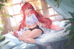 Rule 34 | 1girl, bed, black shorts, curtains, hair between eyes, hair ornament, hairclip, highres, indie virtual youtuber, indoors, leaf, long hair, midriff, naiichie, navel, open mouth, piffle, pillow, plant, pointy ears, print shirt, red hair, shirt, short sleeves, shorts, smile, solo, very long hair, window