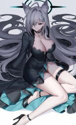 Rule 34 | 1girl, absurdres, ahoge, animal ear fluff, animal ears, black choker, black dress, black halo, blue archive, blue eyes, breasts, choker, cleavage, collarbone, commentary request, cross hair ornament, dress, eternity (shadeh), grey hair, hair ornament, halo, highres, large breasts, legs, long hair, long sleeves, shiroko (blue archive), shiroko terror (blue archive), sitting, solo, thigh strap, very long hair