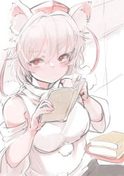 Rule 34 | 1girl, animal ears, book, frown, hat, highres, holding, holding book, inubashiri momiji, looking at viewer, red eyes, short hair, solo, tokin hat, touhou, upper body, white hair, wolf ears, yoyoiro (sysi20)