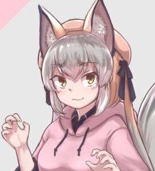 Rule 34 | animal ears, blazer, gloves, hat, island fox (kemono friends), jacket, kemono friends, kemono friends v project, long hair, looking at viewer, necktie, open mouth, school uniform, shirt, shoes, silver hair, simple background, skirt, smile, solo, tail, twintails, virtual youtuber