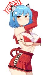 Rule 34 | 1girl, absurdres, blue archive, blue hair, blush, breasts, cosplay, halo, hands up, highres, image sample, large breasts, looking at viewer, navel, original, short hair, solo, tsubaki (blue archive), tsubaki (blue archive) (cosplay), twitter sample, white background
