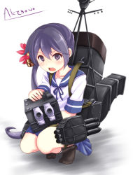 Rule 34 | 10s, 1girl, a9b (louis814), akebono (kancolle), bell, black socks, fang, flower, hair bell, hair flower, hair ornament, jingle bell, kantai collection, kneehighs, long hair, looking at viewer, machinery, no shoes, open mouth, purple eyes, purple hair, side ponytail, socks, solo, squatting, turret