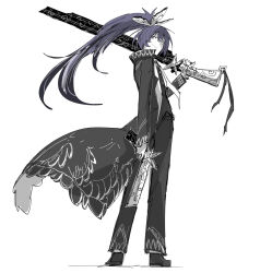 Rule 34 | 1boy, black coat, black footwear, black hair, black pants, blue eyes, butterfly hair ornament, coat, dual wielding, e.g.o (project moon), from behind, full body, funeral of the dead butterflies, gradient hair, gun, hair ornament, handgun, heterochromia, holding, holding gun, holding weapon, hong lu (project moon), kankan33333, limbus company, long hair, looking at viewer, multicolored hair, pants, project moon, purple eyes, purple hair, rifle, smile, solo, standing, turning around, weapon